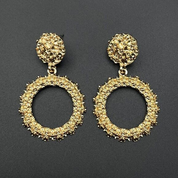 Yellow Gold Double Round Circular Textured Dangling Drop Post Back Earrings - Picture 2 of 10